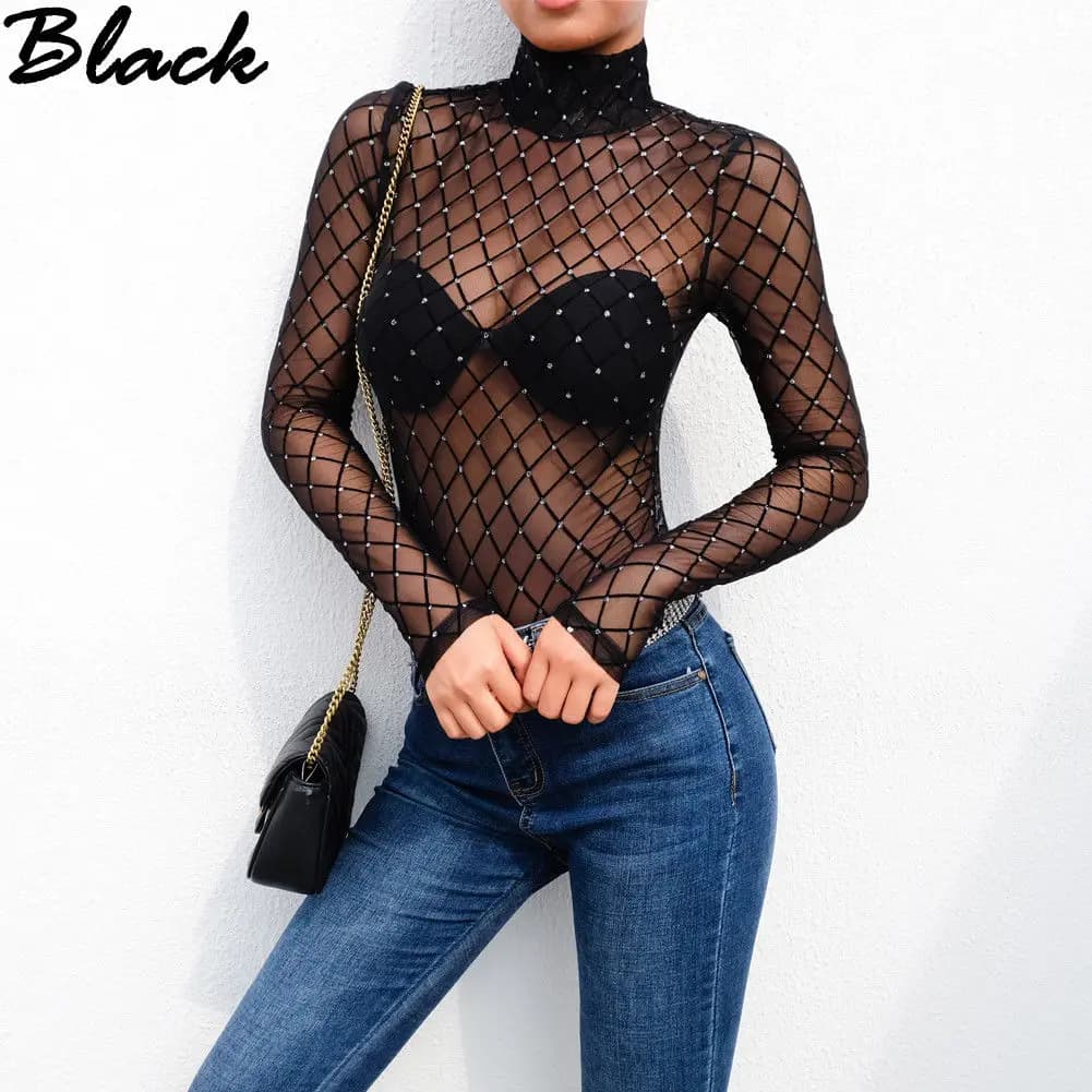 Femmes maille Net résille body mince à manches longues justaucorps combinaison hauts maillots de bai