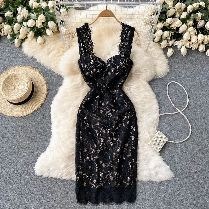 Robe en dentelle noire femmes 2025 été élégant rembourré col carré sans manches Spaghetti sangle Emp