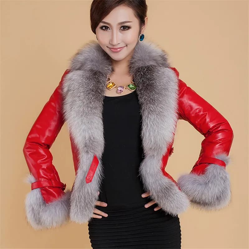 Veste courte en cuir PU pour femme avec col en fausse fourrure de renard, manteau femme, fermeture é