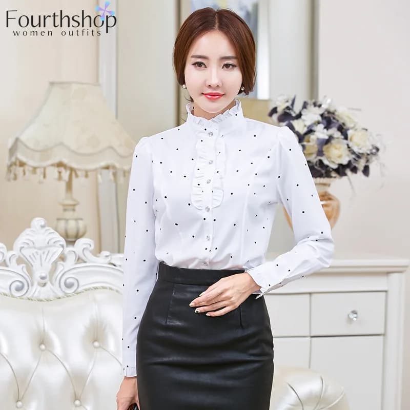 2025 automne manches longues volants blanc Blouses et chemises pour femmes bureau dame affaires trav