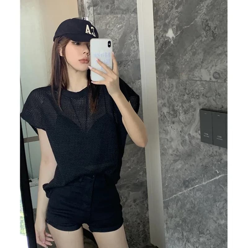 T-shirt à manches courtes, pull en maille ajouré en soie glacée pour femme, vêtement d'extérieur déc
