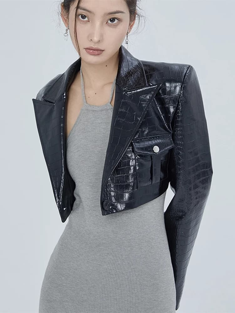 Lautaro-Ensemble jupe midi en cuir de crocodile noir brillant pour femme avec fente latérale et haut