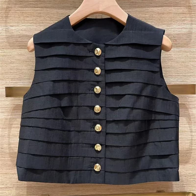 Top sans manches plissé pour femme, printemps 2026, col rond, bouton doré, veste noire pour femme