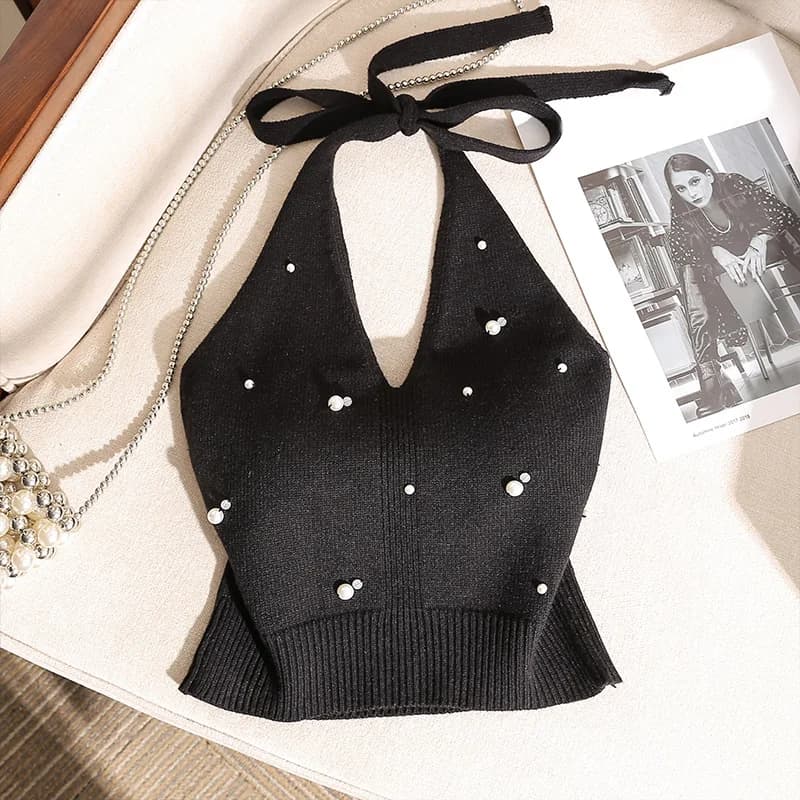 Gilet tricoté élégant à col halter et nœud dos nu, orné de perles à la française, pour femme, toutes