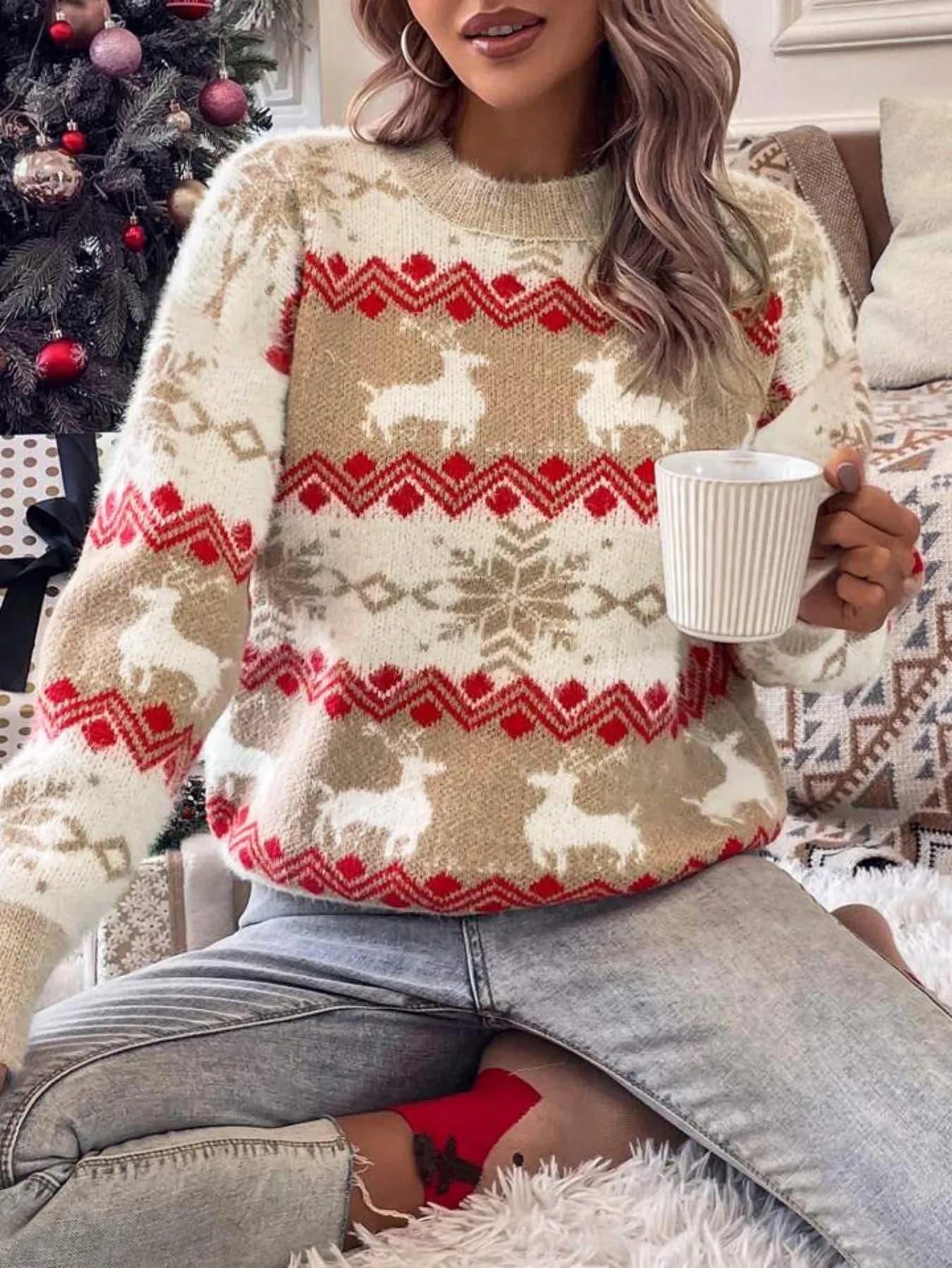 Pull en tricot surdimensionné à motif de renne de noël rose pour femmes, col rond, pull de vacances,