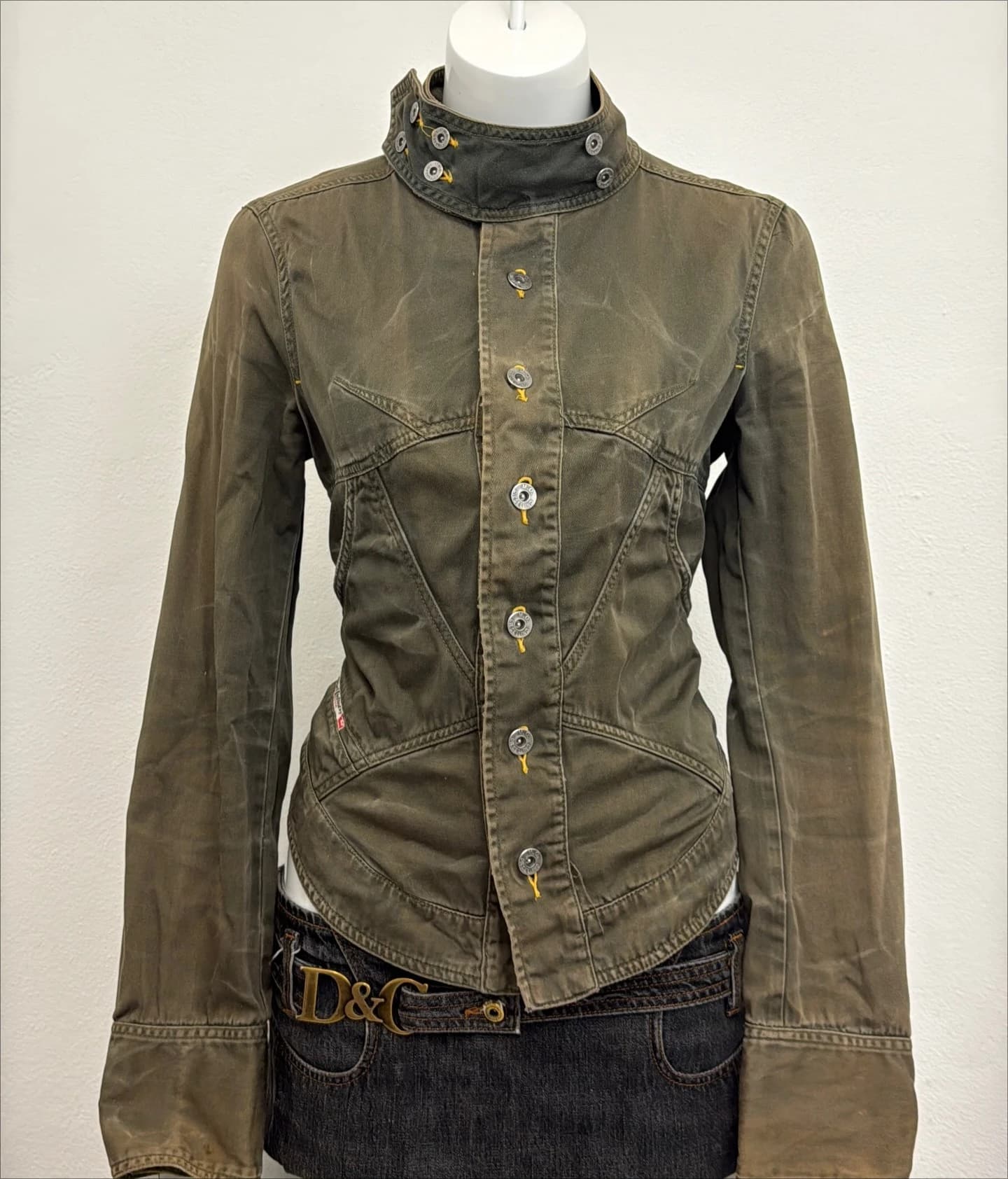 Veste en jean pour femme, rétro, vert olive, à nouer à l'arrière, amincissante, plissée, style stree