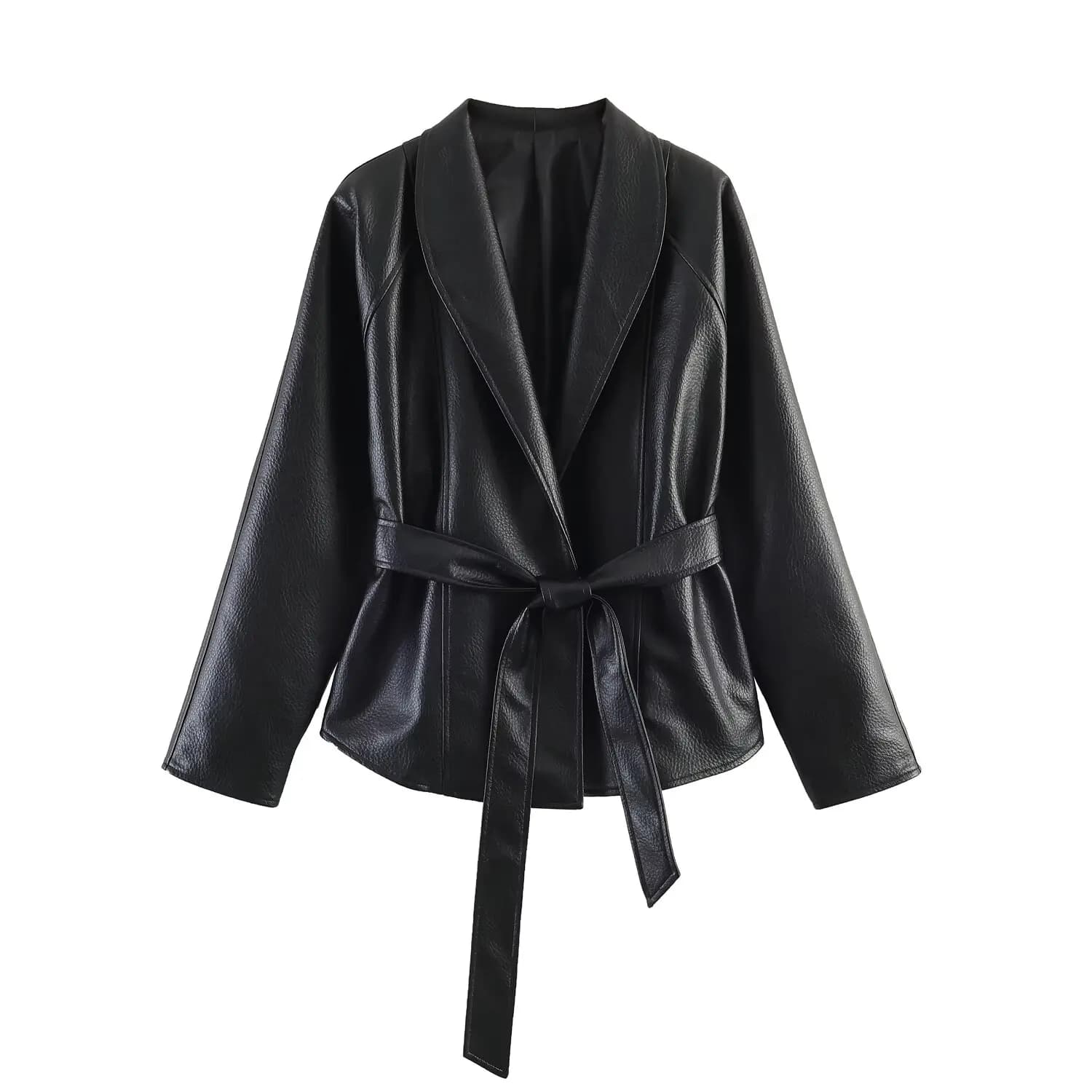 HH Veste élégante pour femme, style Old Money, en cuir noir, col châle, manches longues, avec ceintu
