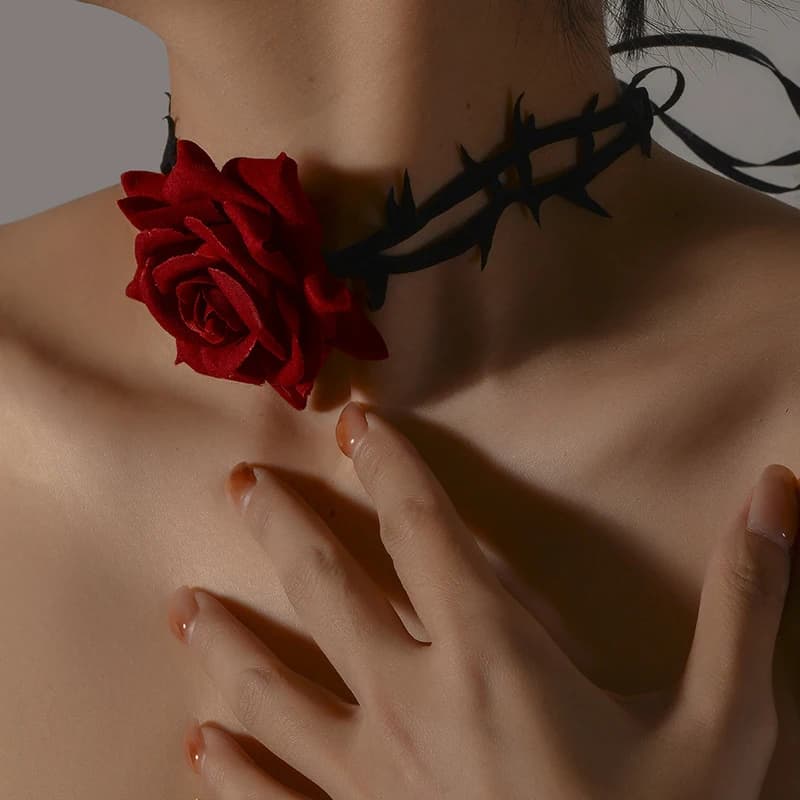 Collier ras du cou gothique fleuri rose rouge, collier de ULréglable, fleur rétro, Halloween Cosplay