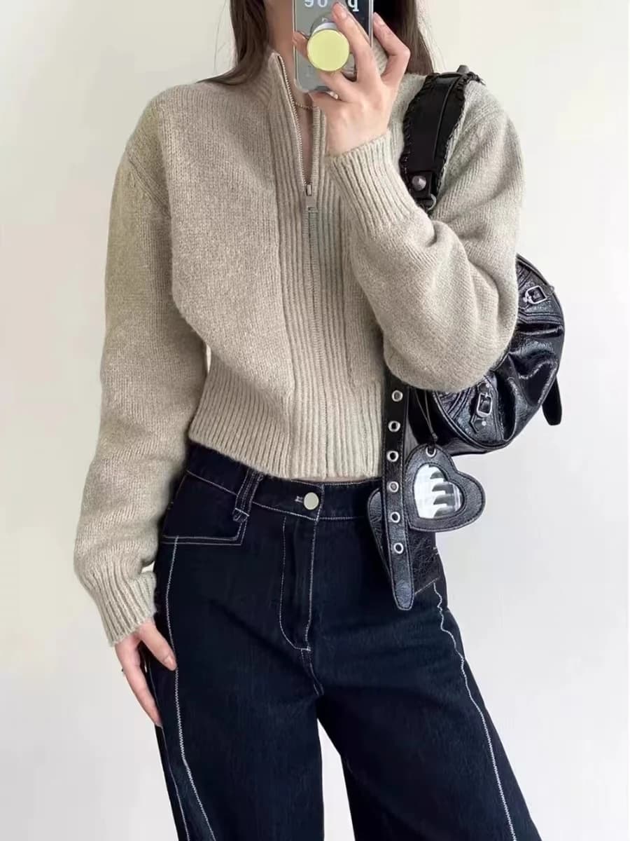 Cardigan rétro français pour femmes, col montant, fermeture éclair, 100% pur cachemire, ample, court