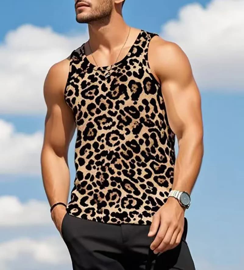 2025 New Men's Vest Leopard Print  Loose Casual Personality American rRetro Sports Fitness Sleeveles
