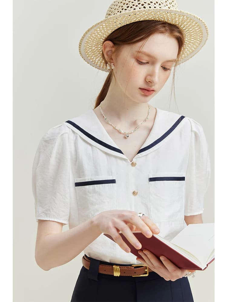 FSLE-Chemise à Manches Courtes pour Femme, Style Simple, Col Marine, Français, Été, Nouveau, All-mat
