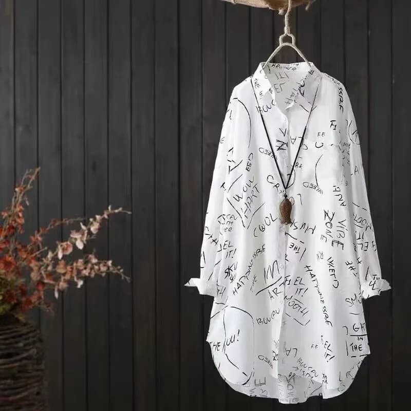 Chemise ample à manches longues imprimée lettres pour femme, style décontracté d'été, en tissu soyeu