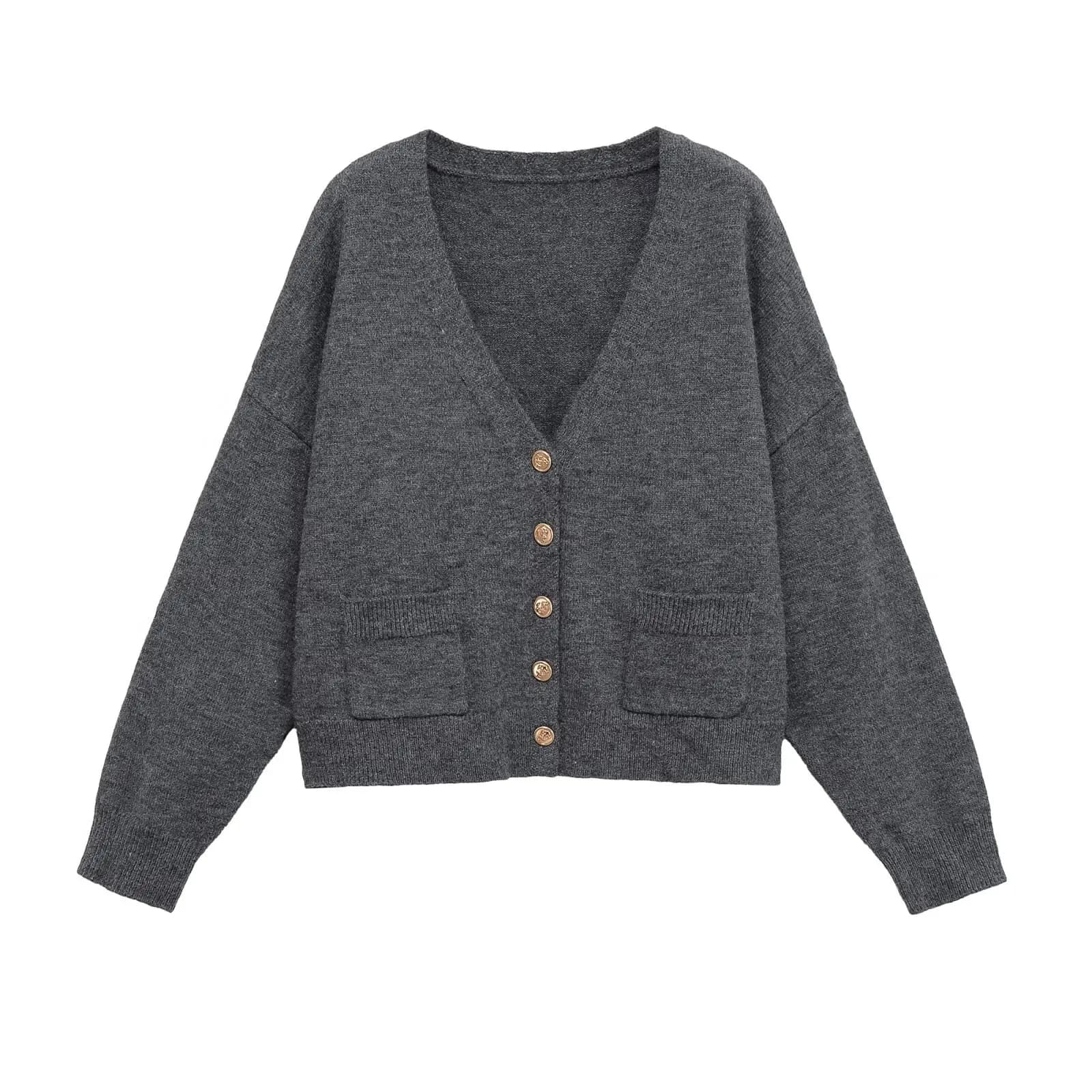 Cardigan court gris avec poches pour femme, col en V, simple boutonnage, manches longues, Vintage, S