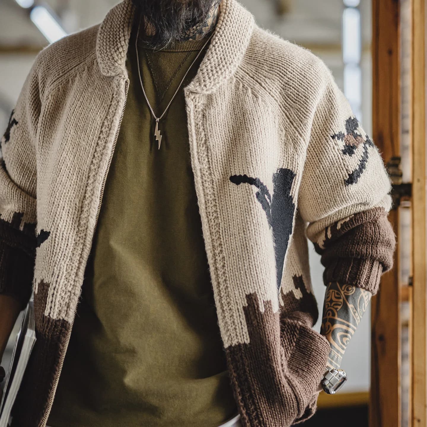 Maden hommes rétro brodé chasse Cardigan zippé pull kaki tricot veste décontracté doux chaud manteau
