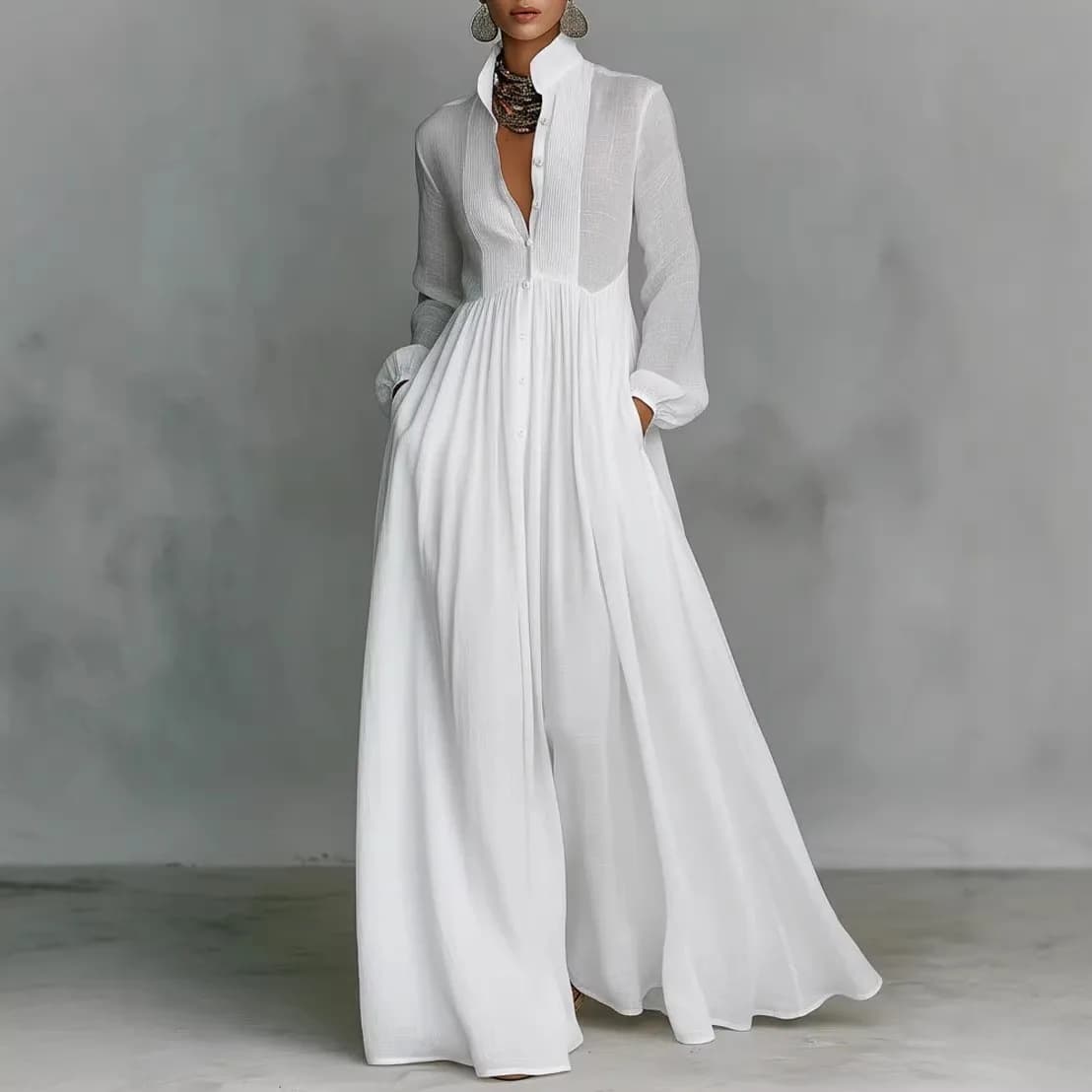 Robe chemise longue bohème à col montant et boutons pour femme, élégante, taille haute, unie, pour s