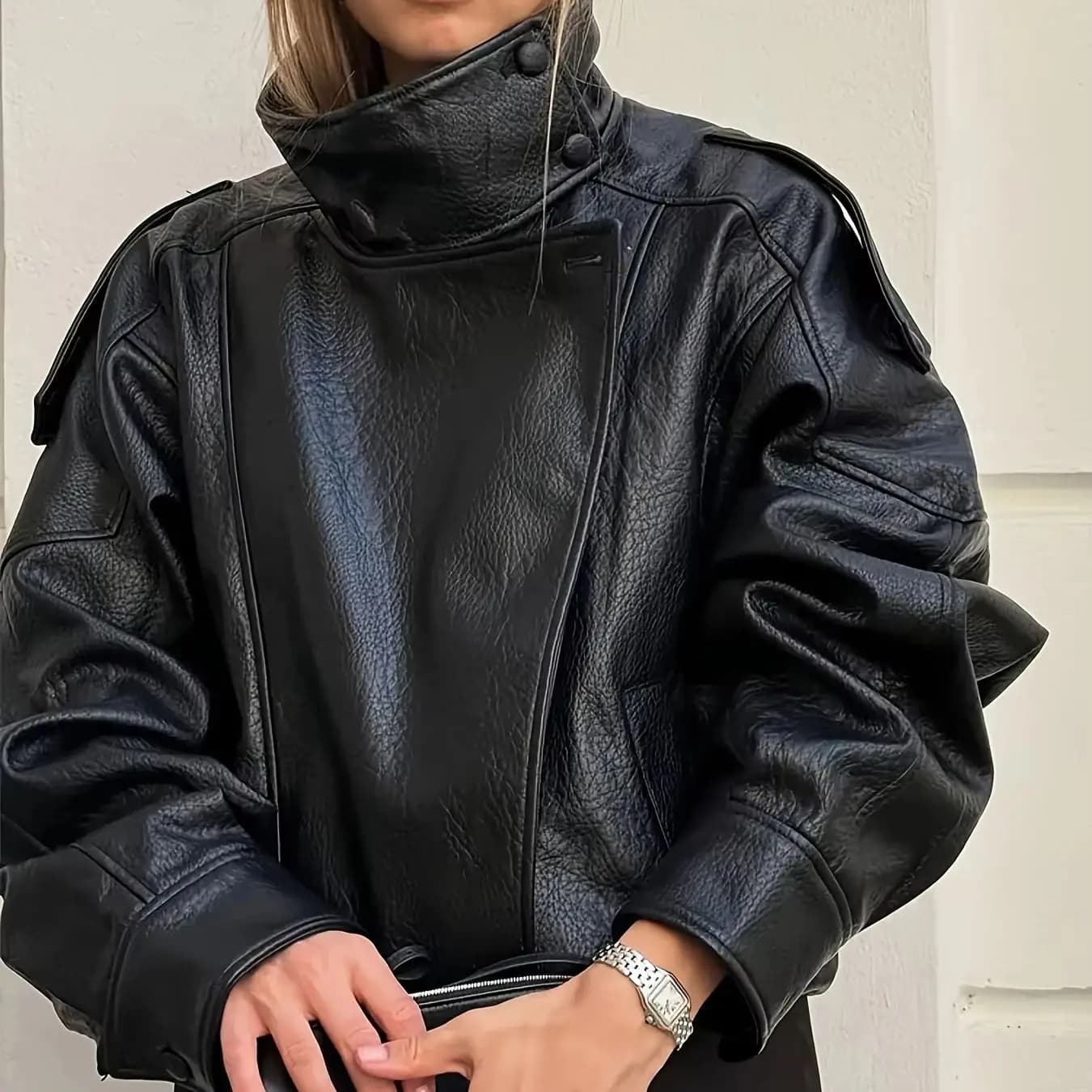 Veste moto oversize en similicuir pour femme, col montant, fermeture éclair asymétrique, style biker