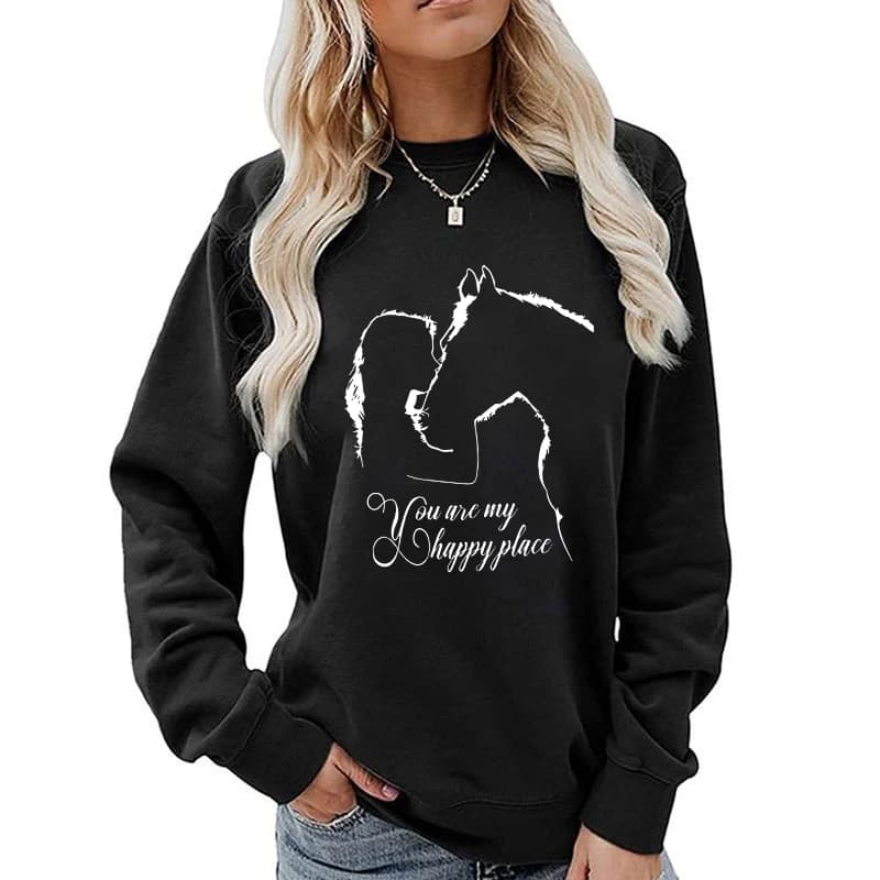 Sweat-shirt imprimé drôle de cheval et de fille pour femme, pull à manches longues, col rond, sourir
