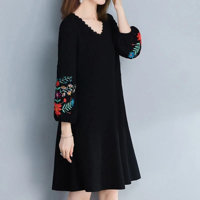 Robe mi-longue à manches longues et col en V pour femmes, robe brodée élégante, vêtements monochrome