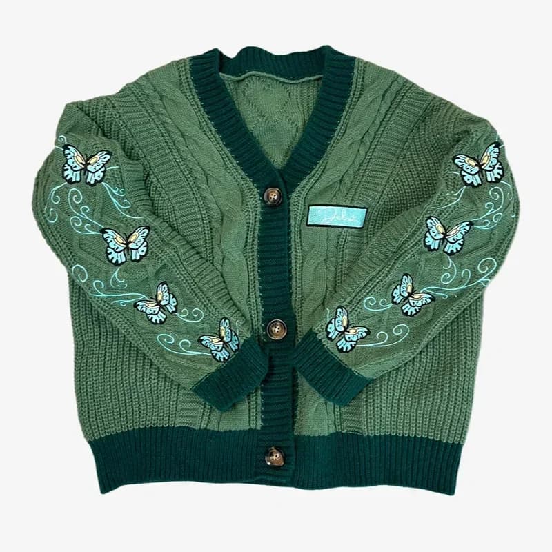 Cardigan tricoté papillon pour femme, vert foncé, avec broderie, Patch de lettres d'hiver, pulls sur