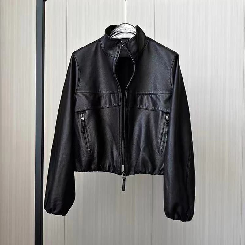 Veste européenne en cuir de mouton pour femmes, basique, col montant, manches chauve-souris, manteau