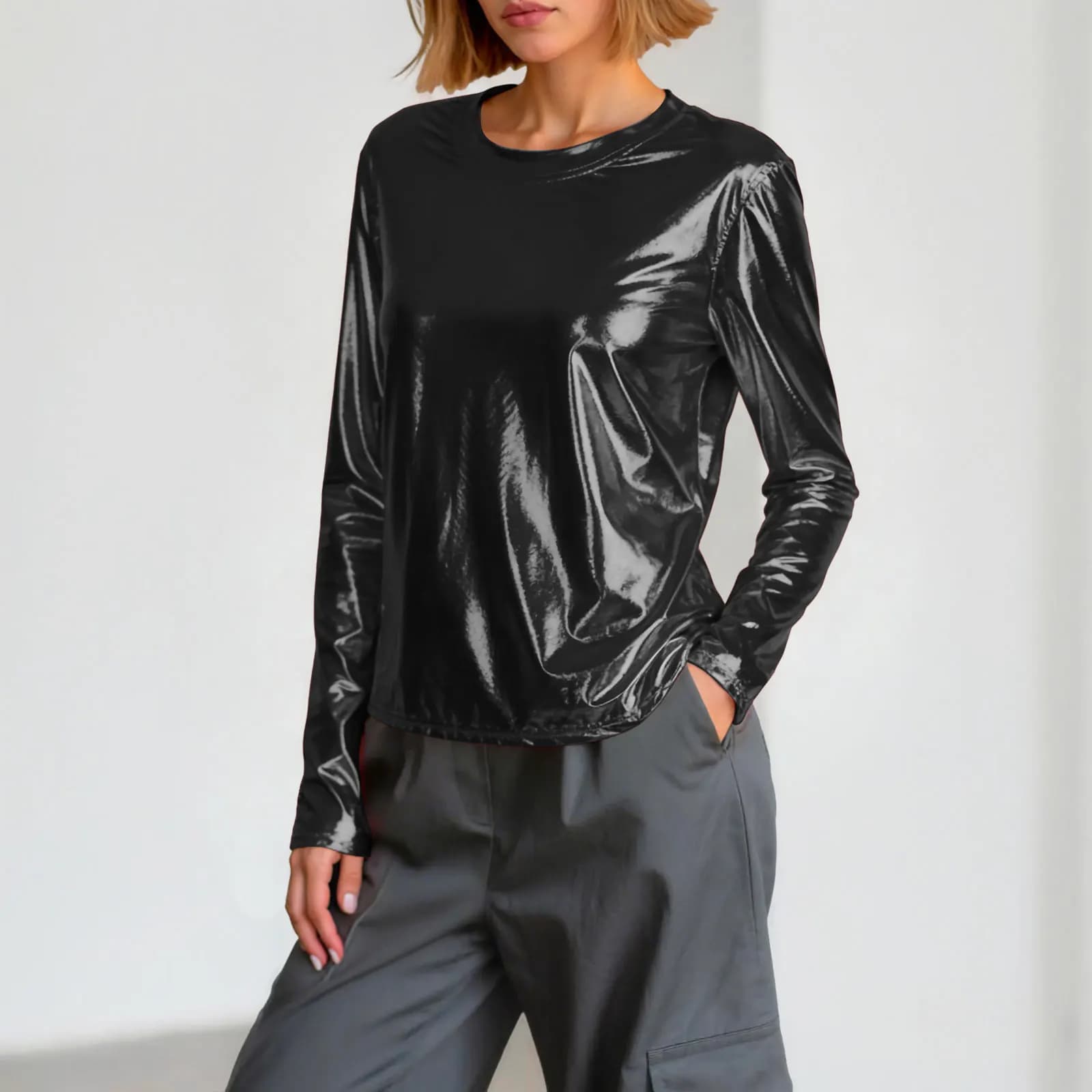 T-shirt à manches longues pour femme, brillant métallique, col rond, décontracté, tissu lisse, tenue
