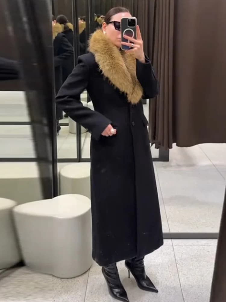 Manteau Long à col en fourrure mélangée de laine noire pour femmes, vêtement d'extérieur élégant et 