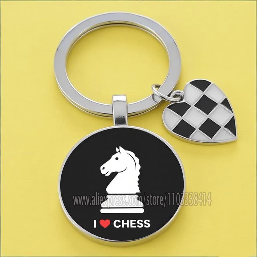 Porte-clés 'J'aime l'échecs' en verre à motif créatif Roi, Dame, Tour, Cheval, Pion, Évêque, Bijou c