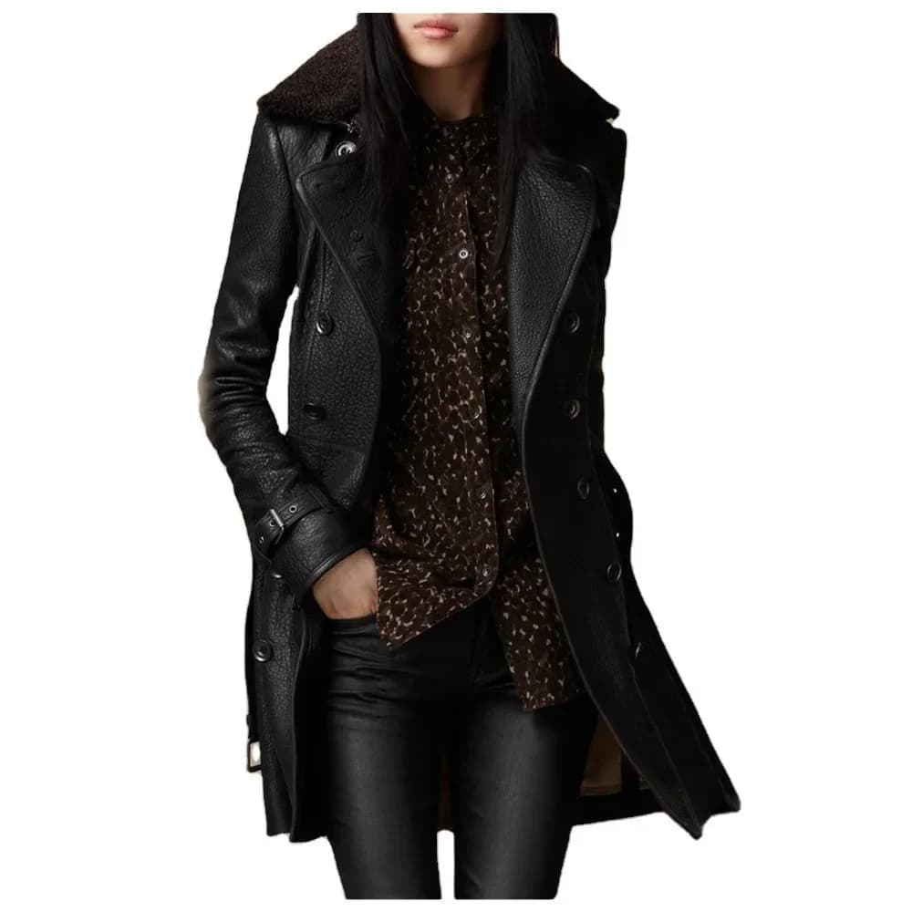 Veste en cuir mi-longue avec col en fourrure pour femme, manteau épais de Style britannique pour Mot