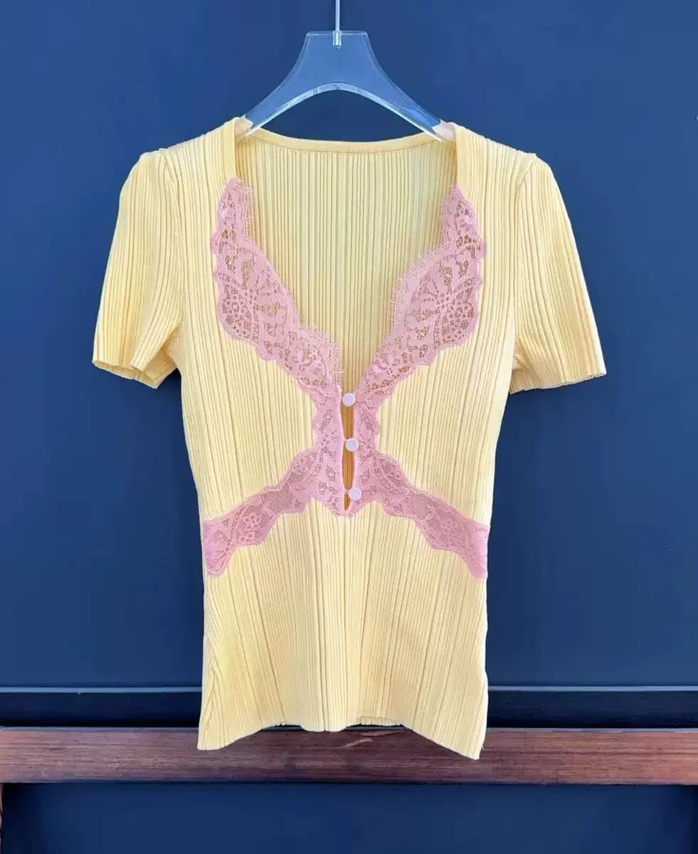 Haut tricoté en dentelle à col en v, T-shirt à manches courtes pour femmes, élégant et à la mode, él
