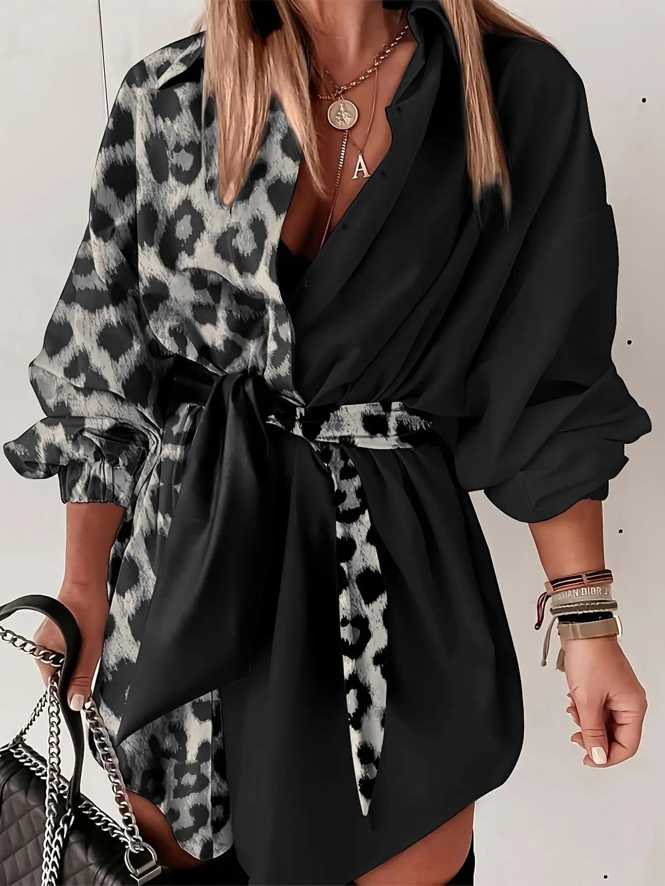 Robe chemise élégante pour femmes, imprimé léopard, col chemise, manches longues, boutons sur le dev
