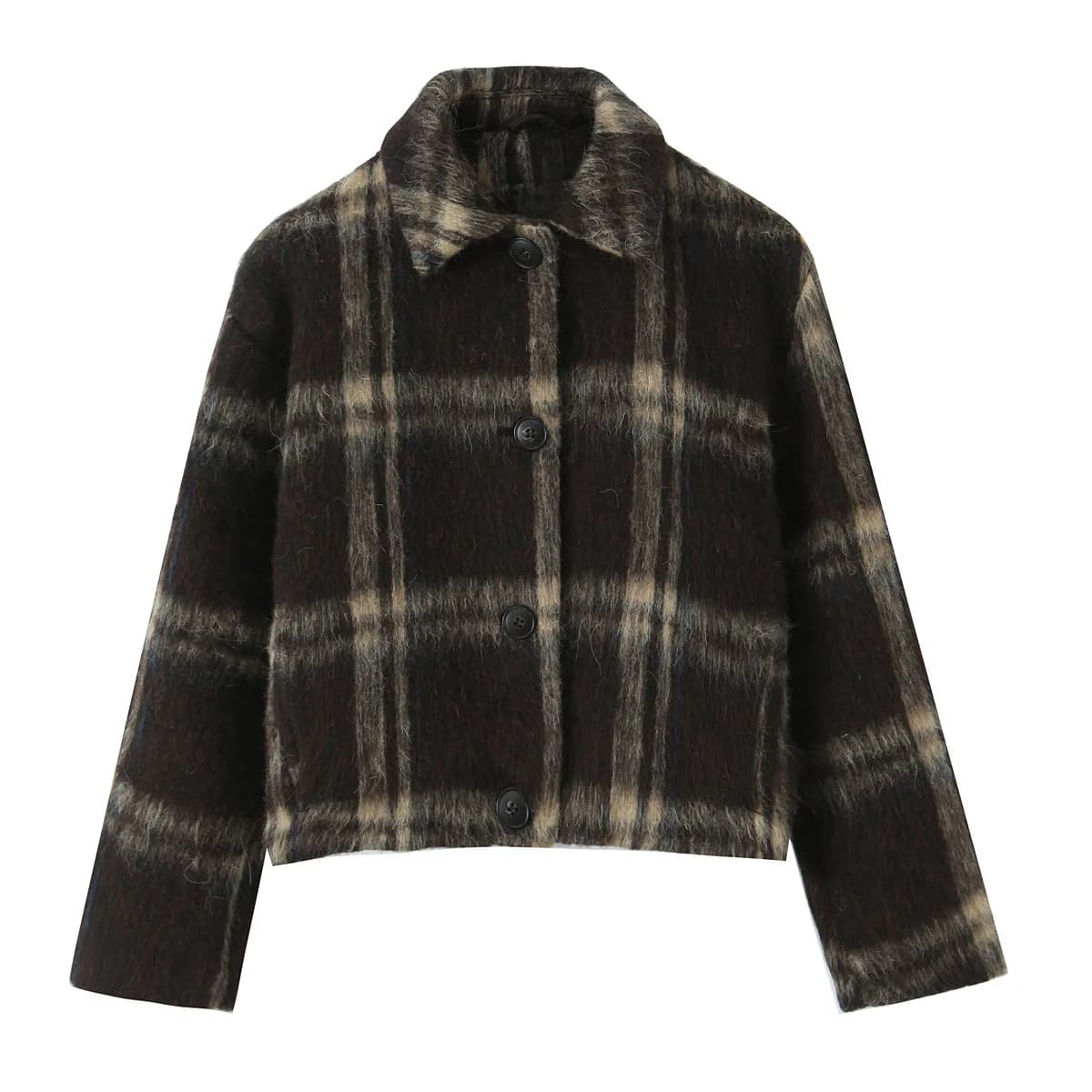Manteau en peluche à carreaux marron pour femmes, veste d'automne à col rabattu, simple boutonnage, 