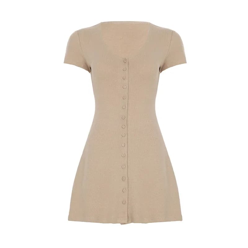 Mini robe tricotée pour femmes, élégante, col en V, boutons, manches courtes, haute élasticité, déco