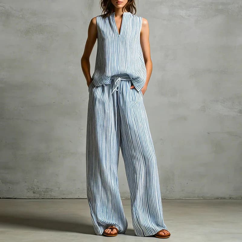 Ensemble deux pièces vintage à rayures verticales pour femme, débardeur col en V et pantalon large a