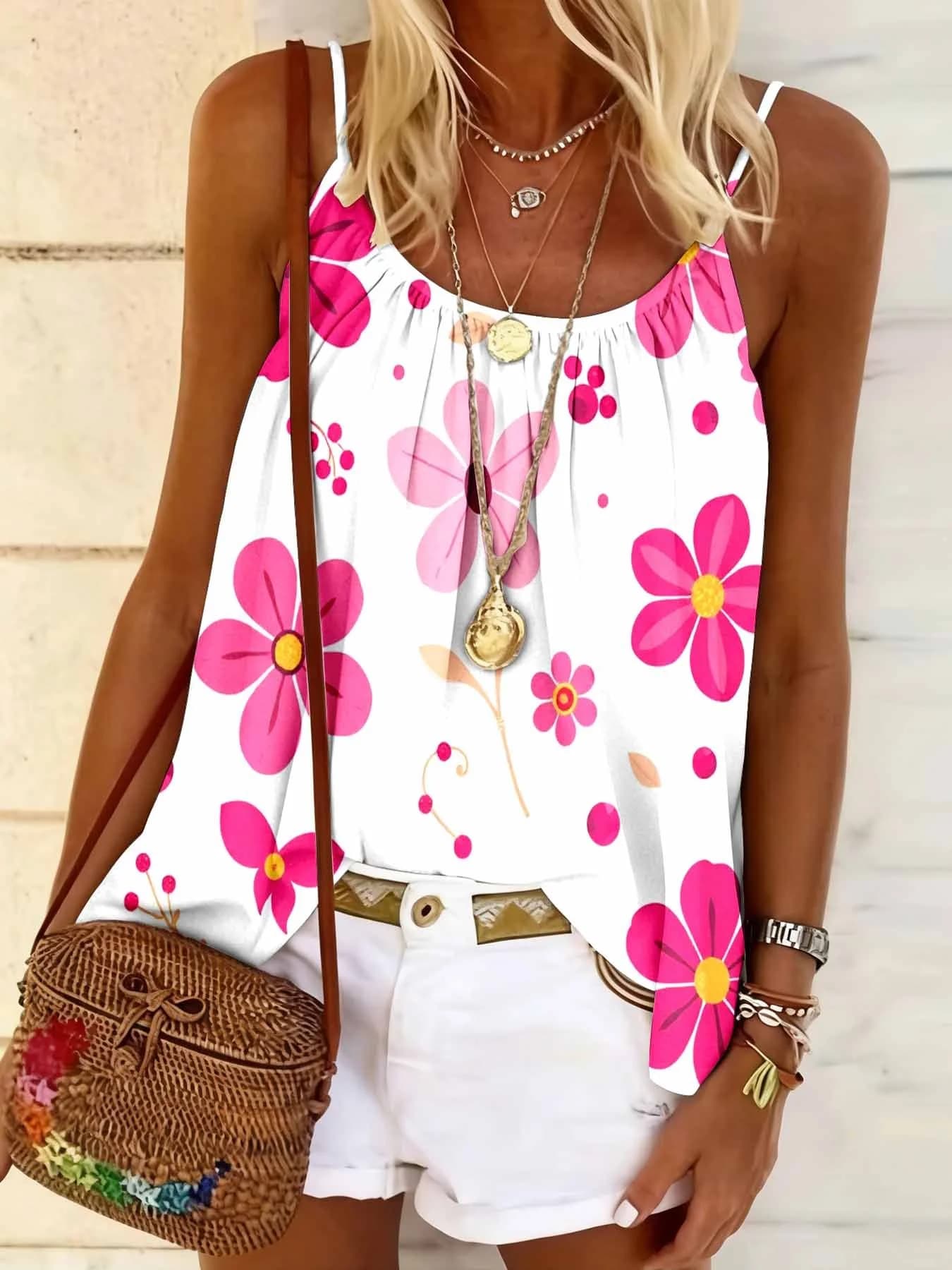 Camisole florale douce, pull ample amincissant, tenue de plage polyvalente, gilet de base, haut déco