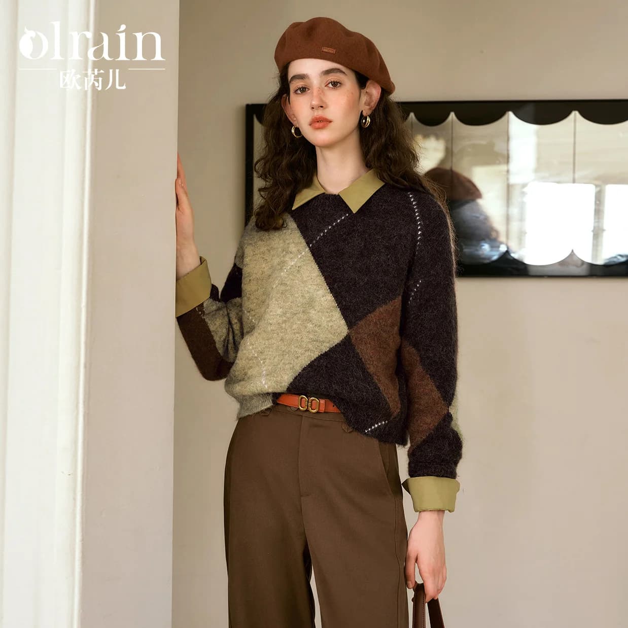 Pulls OLrain en laine mélangée à motif Argyle pour femme, style français, coupe ample, col rond, man