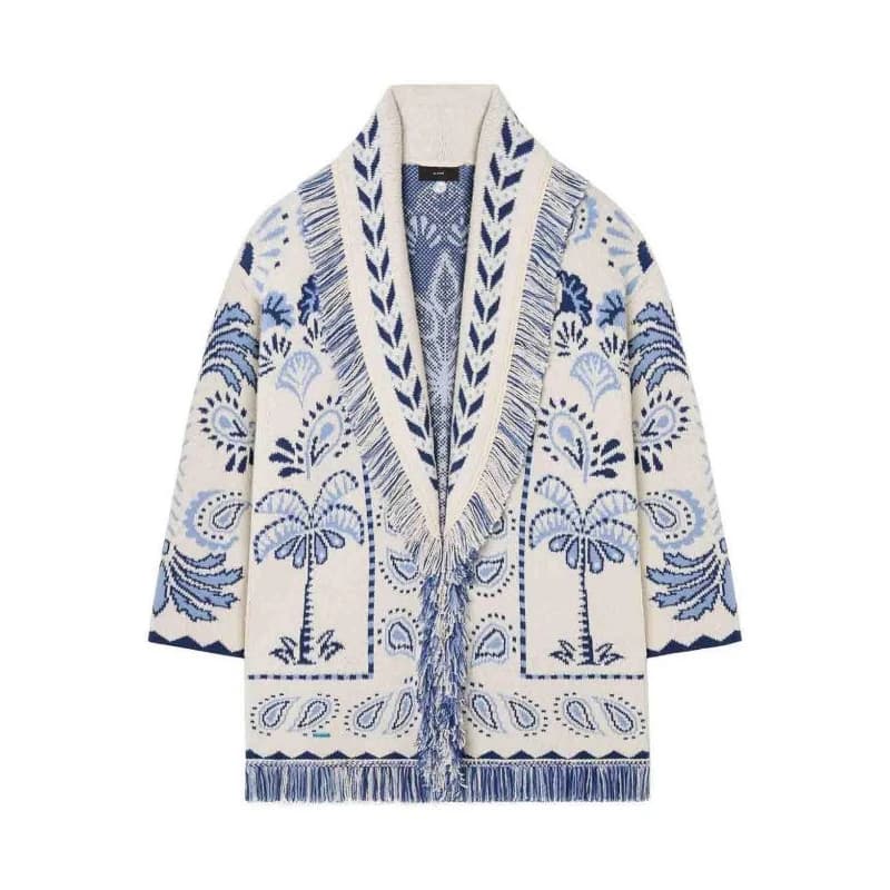 Cardigan Jacquard pour Femme avec Ceinture et Franges, Manteau Décontracté Ample en Tricot, Vêtement
