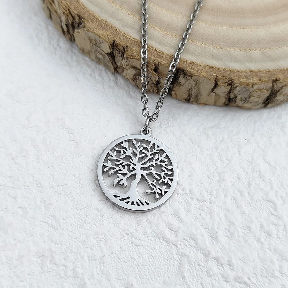 Collier en acier inoxydable plaqué or pour femme, chaîne en forme de O, arbre de vie argenté, or ros