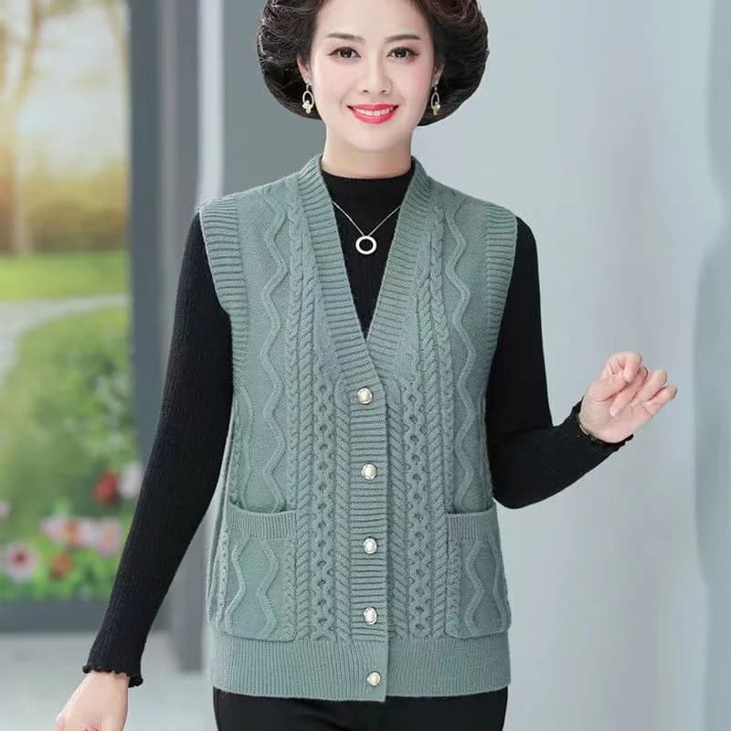 Nouveau moyen-âge personnes âgées mère gilet femmes automne col en V tricot Cardigan hauts décontrac