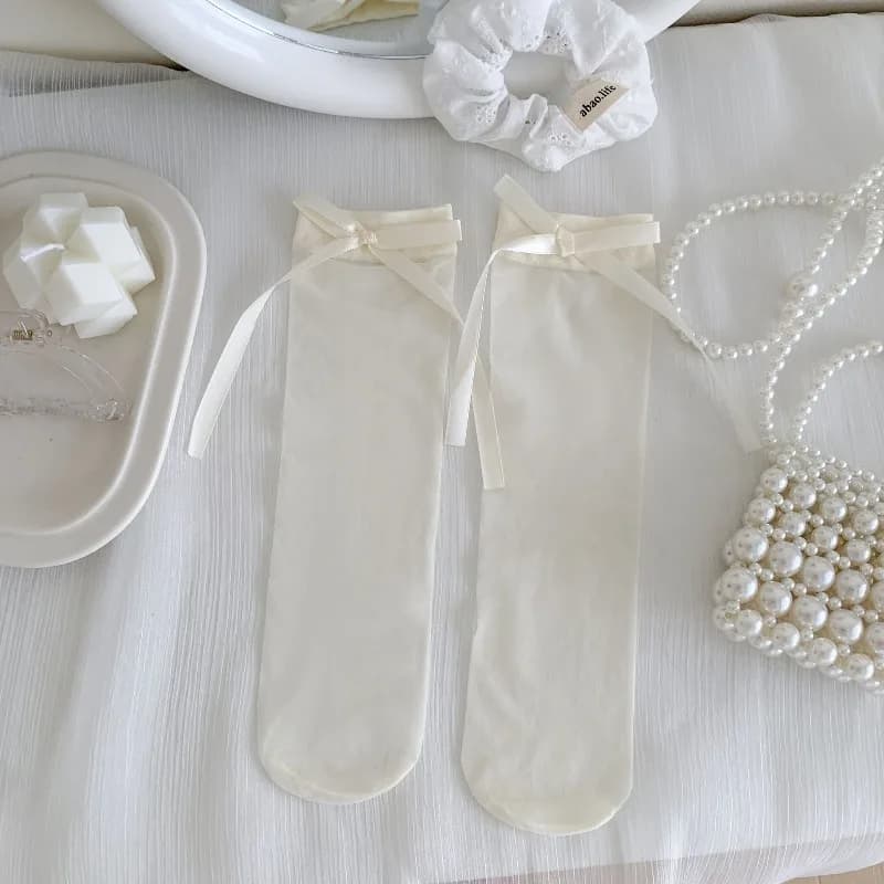 Chaussettes mi-mollet en résille transparente avec nœud pour femme, douces, fines, respirantes, styl