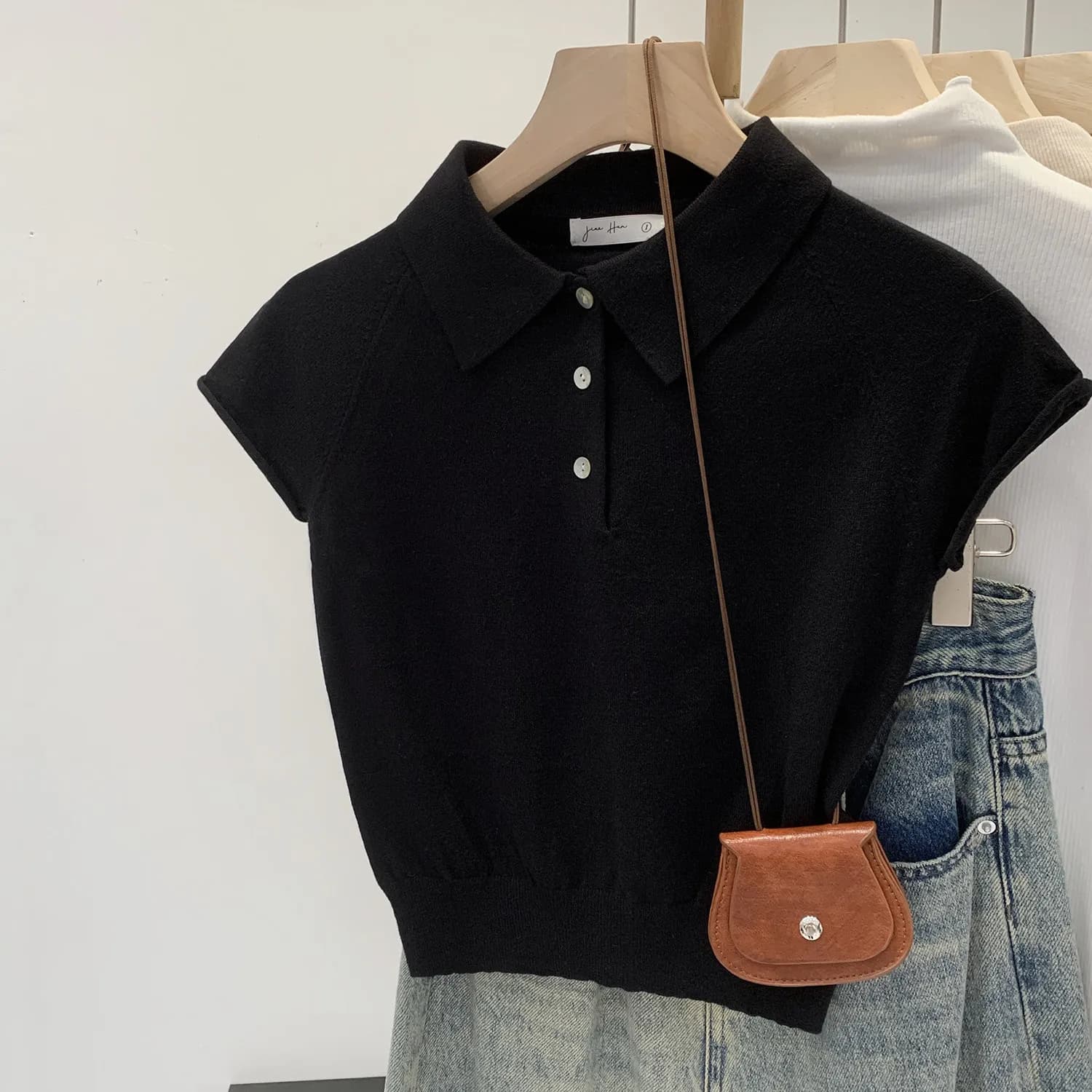 AOSSVIAO T-shirt Chic et Unique pour Femme, Col Polo, Manches Courtes, Couleur Unie, Tricoté, Nouvel