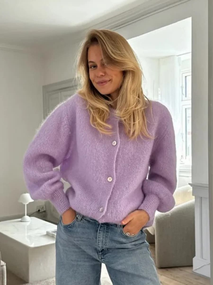 Blubelle – Cardigan tricoté à manches longues et col rond pour femme, coupe ample, mélange de Mohair