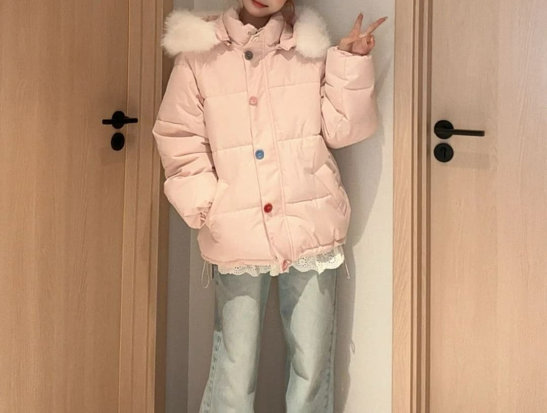 Veste en coton rose avec gros col en fourrure et boutons colorés pour femme, manteau chaud en coton,