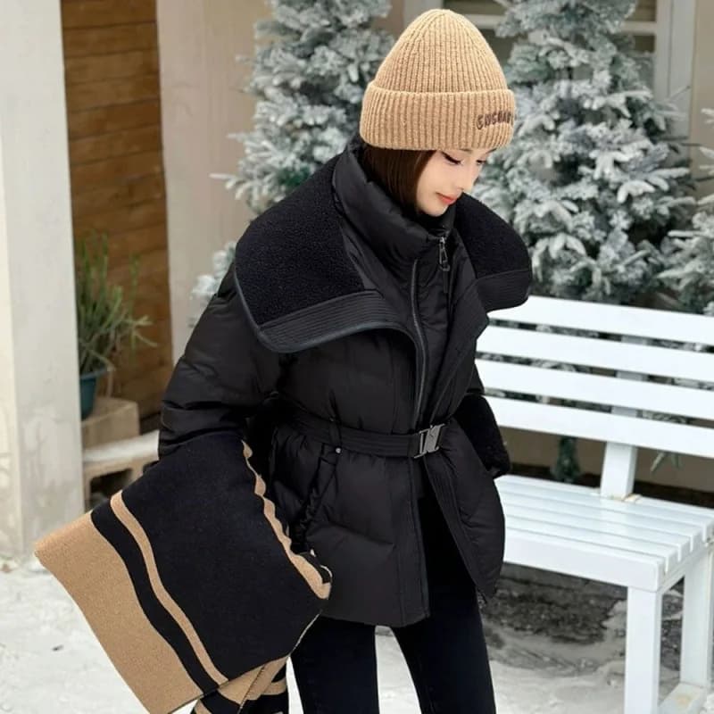 Doudoune à Double col pour femme, manteau d'hiver en duvet de canard blanc, ceinture chaude, Slim, a