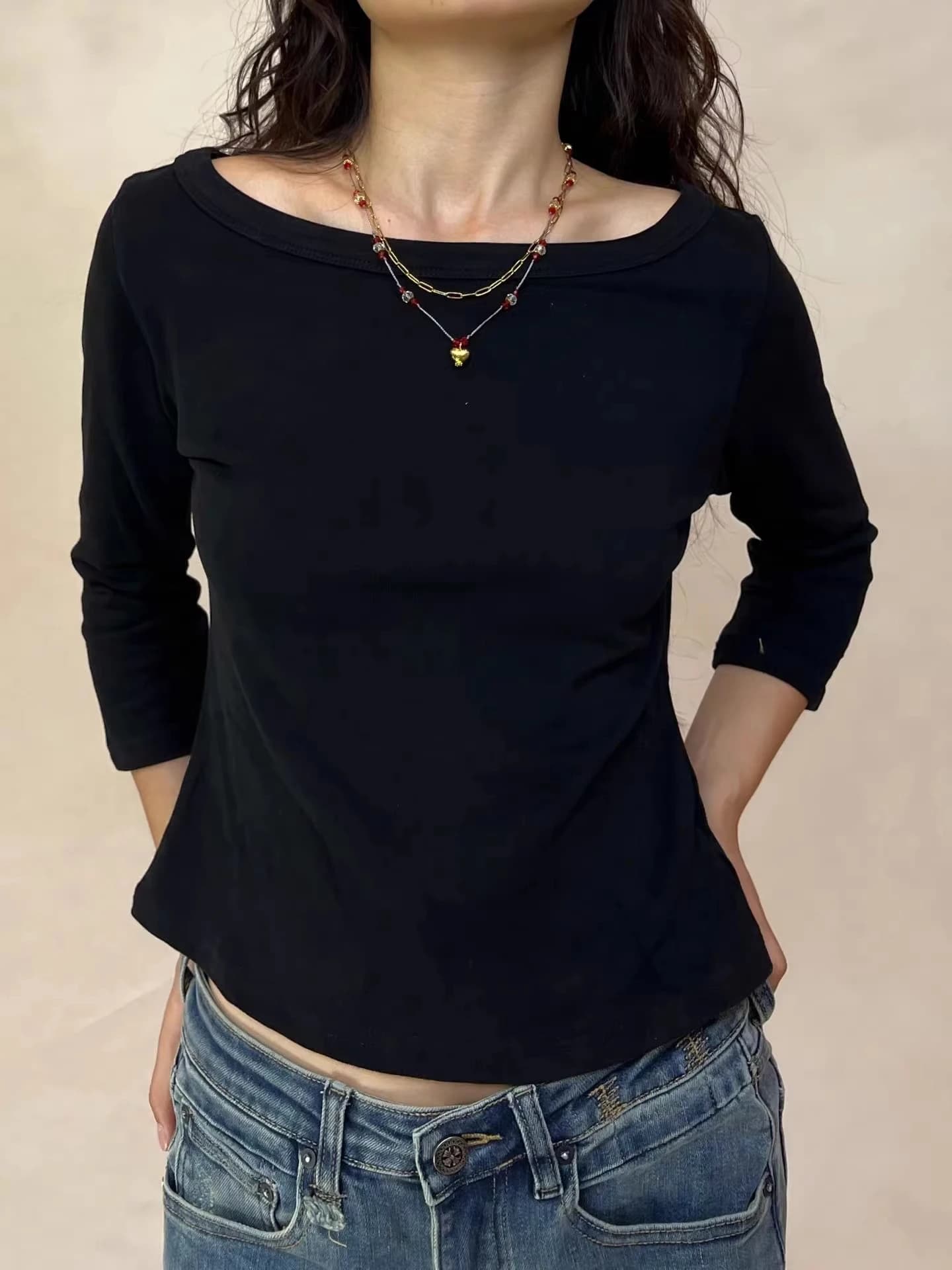 Simple trois quarts manches T-shirts femme automne solide basique Slash cou coton mince haut court f
