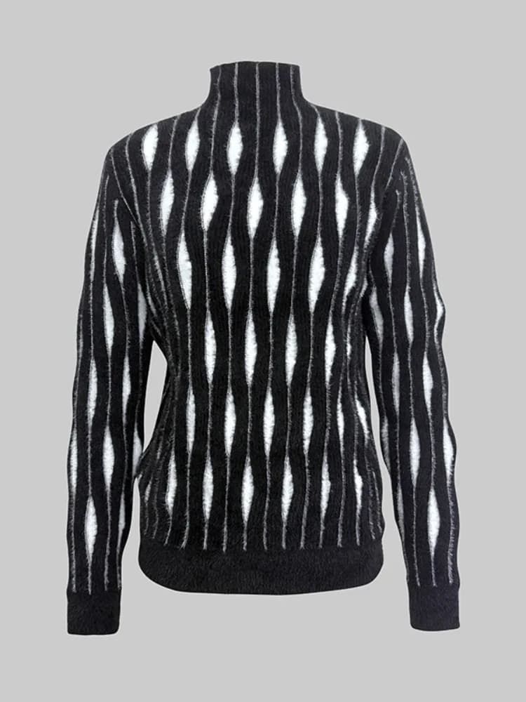 Yeezzi femmes col haut pull noir blanc contraste couleur manches longues urbain décontracté bureau t