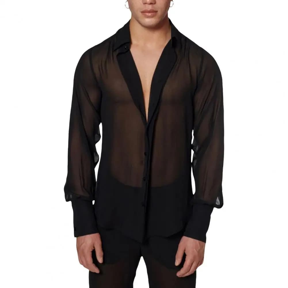 Chemise transparente noire pour hommes, chemise transparente en maille, chemise à revers fin, chemis