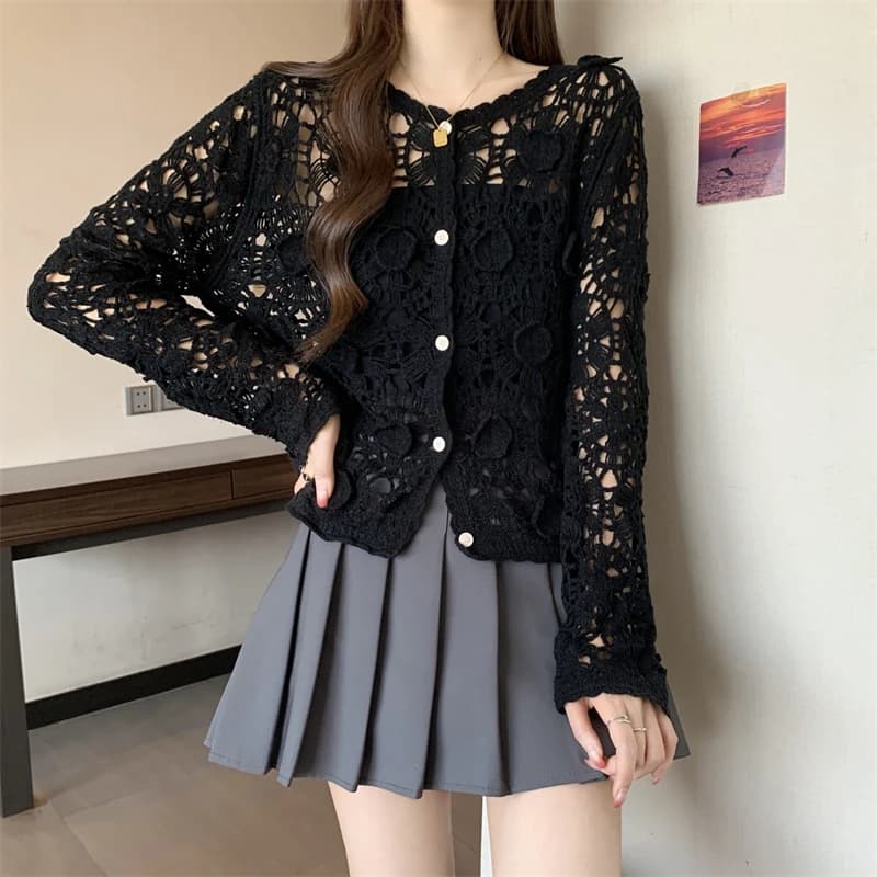 Cardigan en Crochet pour femme, haut en tricot transparent, manches longues, boutonné, veste pull, p