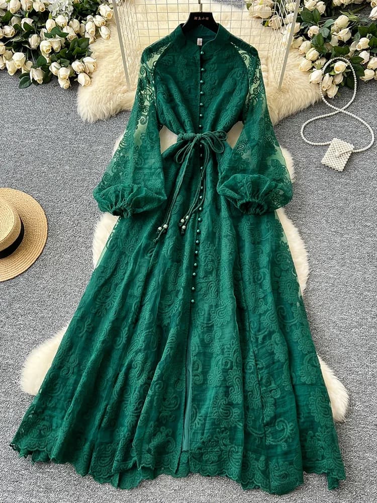 Printemps automne européen américain col montant simple boutonnage dentelle robe femmes élégant brod