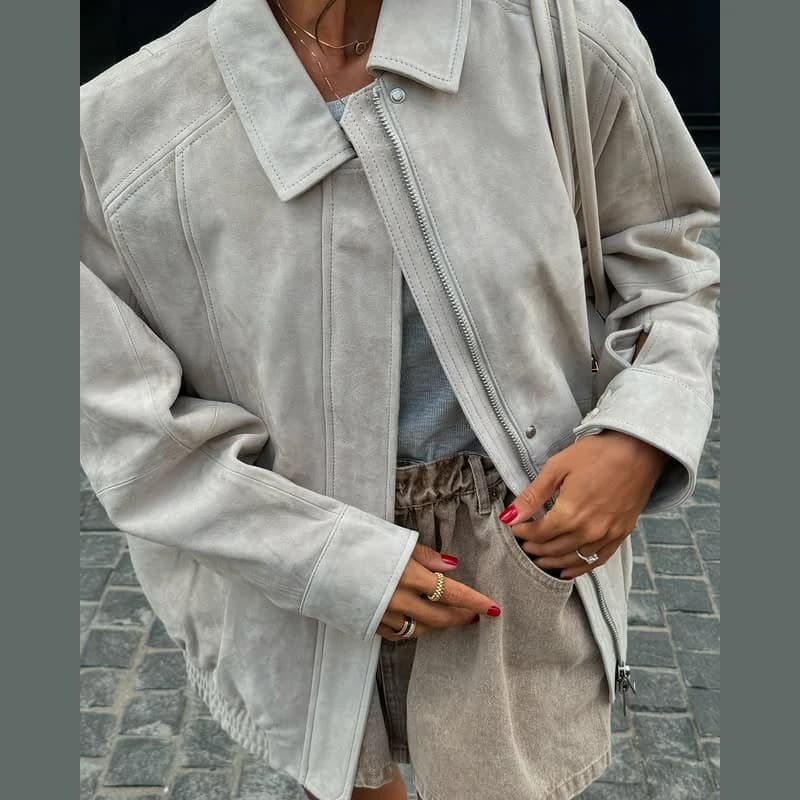 Rue revers fermeture éclair minimalisme veste femme manches longues ample couleur unie rétro manteau