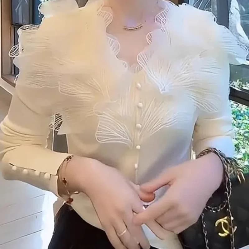 Pull en patchwork de dentelle française pour femme, col en V, haut polyvalent, coupe couvertes, blan